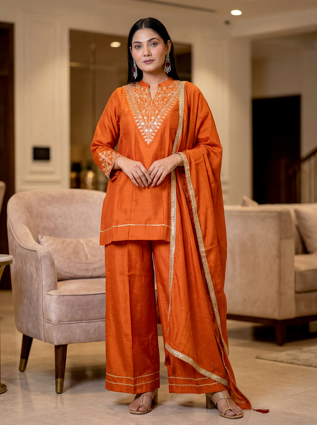 Elegant Orange Vichitra Silk Embroidered Kurti Set with Gota Patti Work | Festive Wear 3-Piece Suit (S–XXL)