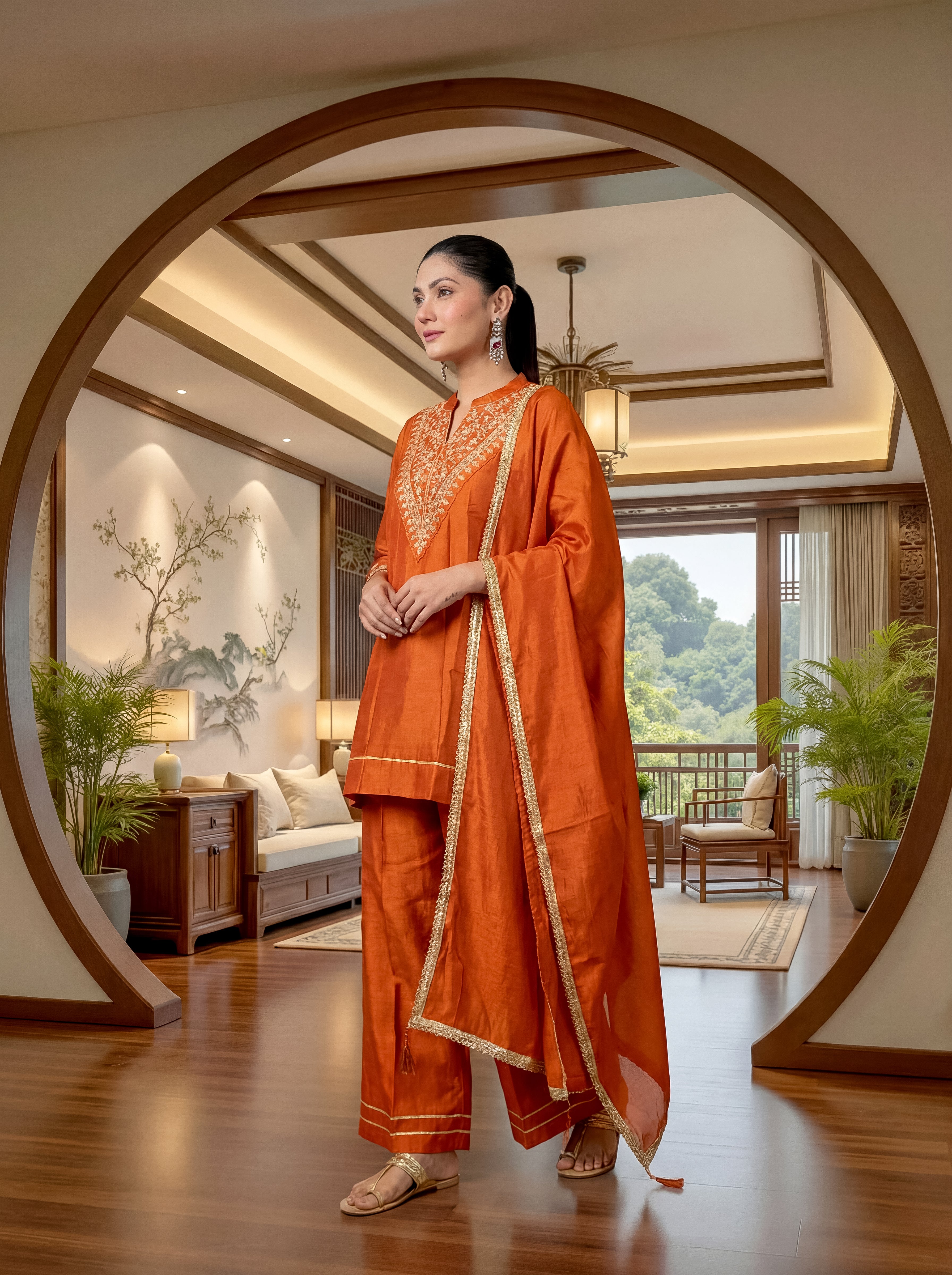 Elegant Orange Vichitra Silk Embroidered Kurti Set with Gota Patti Work | Festive Wear 3-Piece Suit (S–XXL)