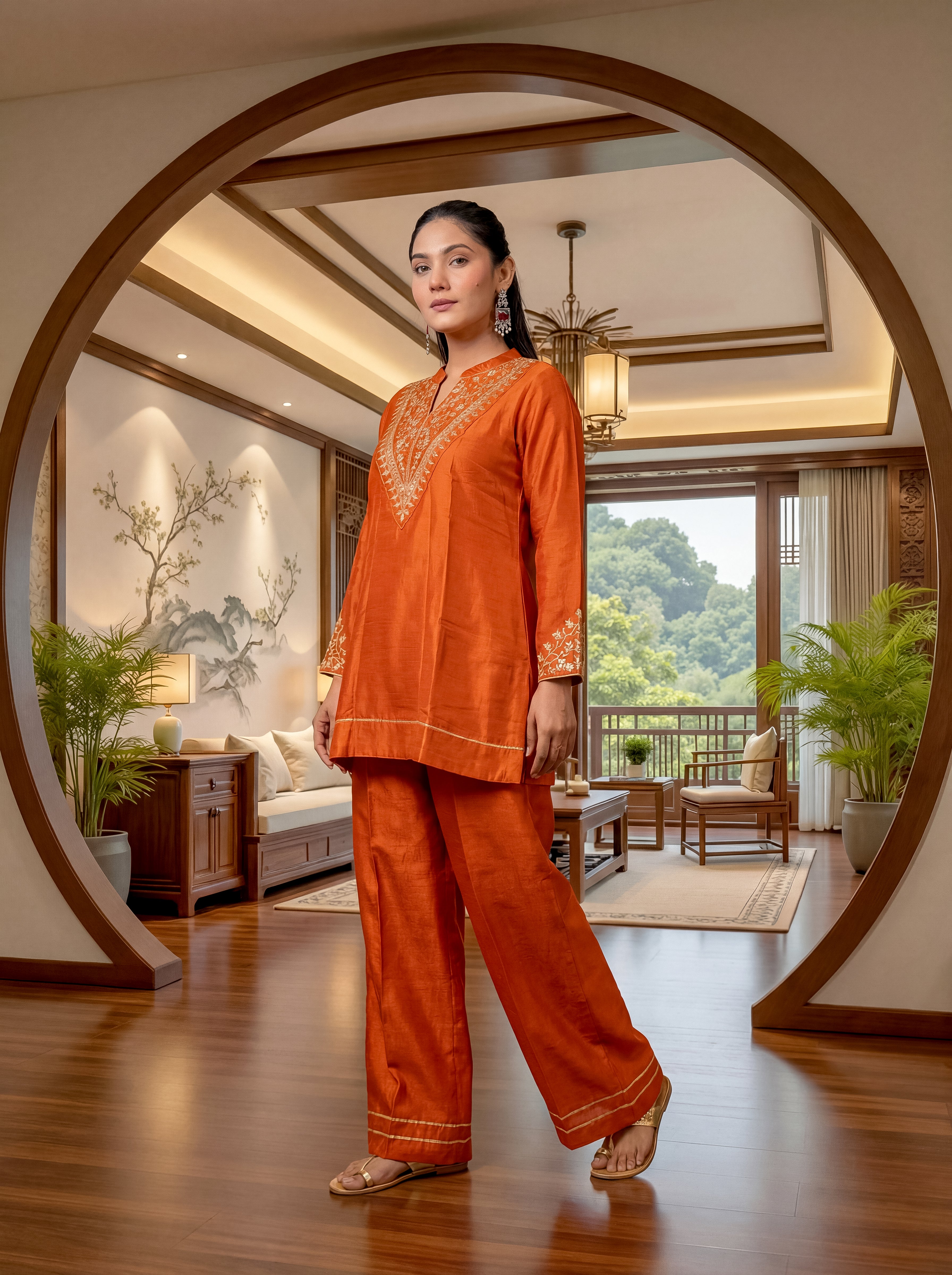 Elegant Orange Vichitra Silk Embroidered Kurti Set with Gota Patti Work | Festive Wear 3-Piece Suit (S–XXL)