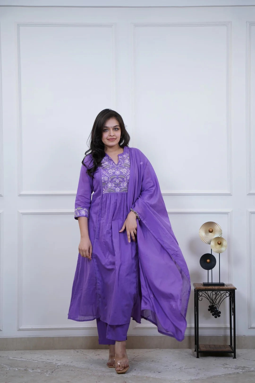 Elegant Lavender Cotton Embroidered Kurti Set with Dupatta | Festive & Daily Wear (S–XXL)