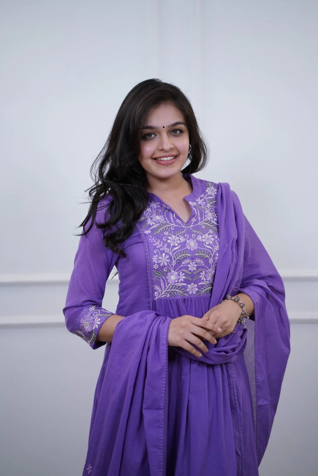 Elegant Lavender Cotton Embroidered Kurti Set with Dupatta | Festive & Daily Wear (S–XXL)