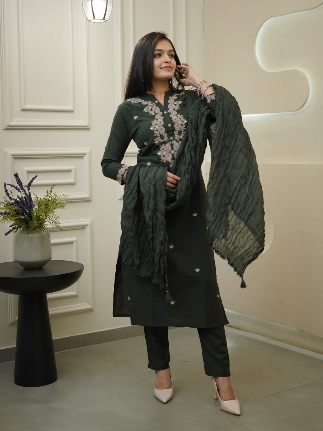 Elegant Dark Green Rayon Slub Kurti Set with Dupatta | Embroidered Ethnic Wear for Women