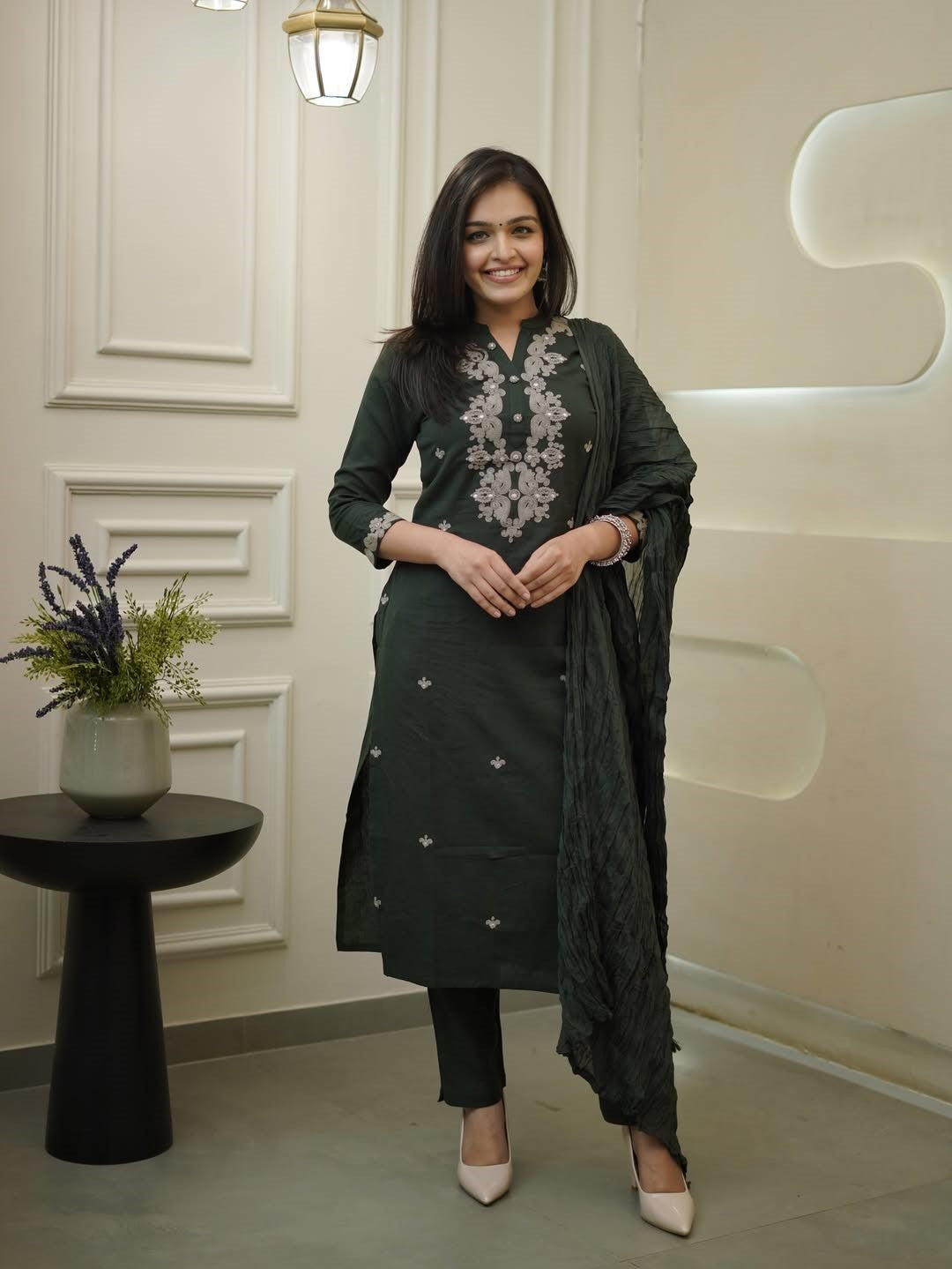 Elegant Dark Green Rayon Slub Kurti Set with Dupatta | Embroidered Ethnic Wear for Women