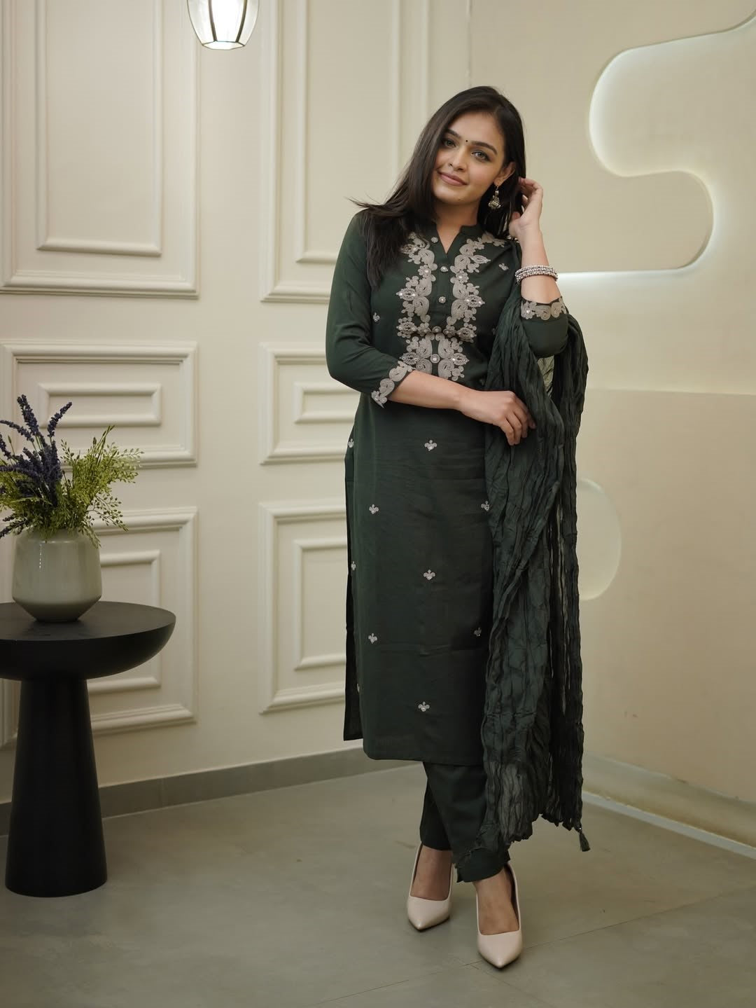Elegant Dark Green Rayon Slub Kurti Set with Dupatta | Embroidered Ethnic Wear for Women
