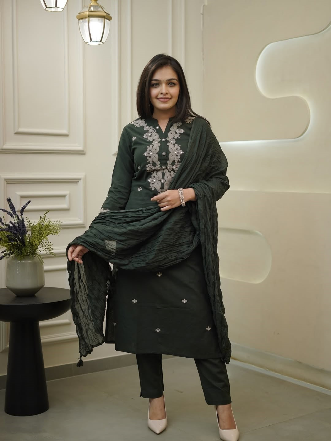 Elegant Dark Green Rayon Slub Kurti Set with Dupatta | Embroidered Ethnic Wear for Women