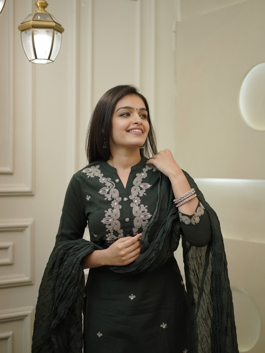 Elegant Dark Green Rayon Slub Kurti Set with Dupatta | Embroidered Ethnic Wear for Women