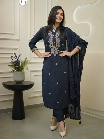 Elegant Navy Blue Rayon Slub Kurti Set with Dupatta | Embroidered Ethnic Wear for Women