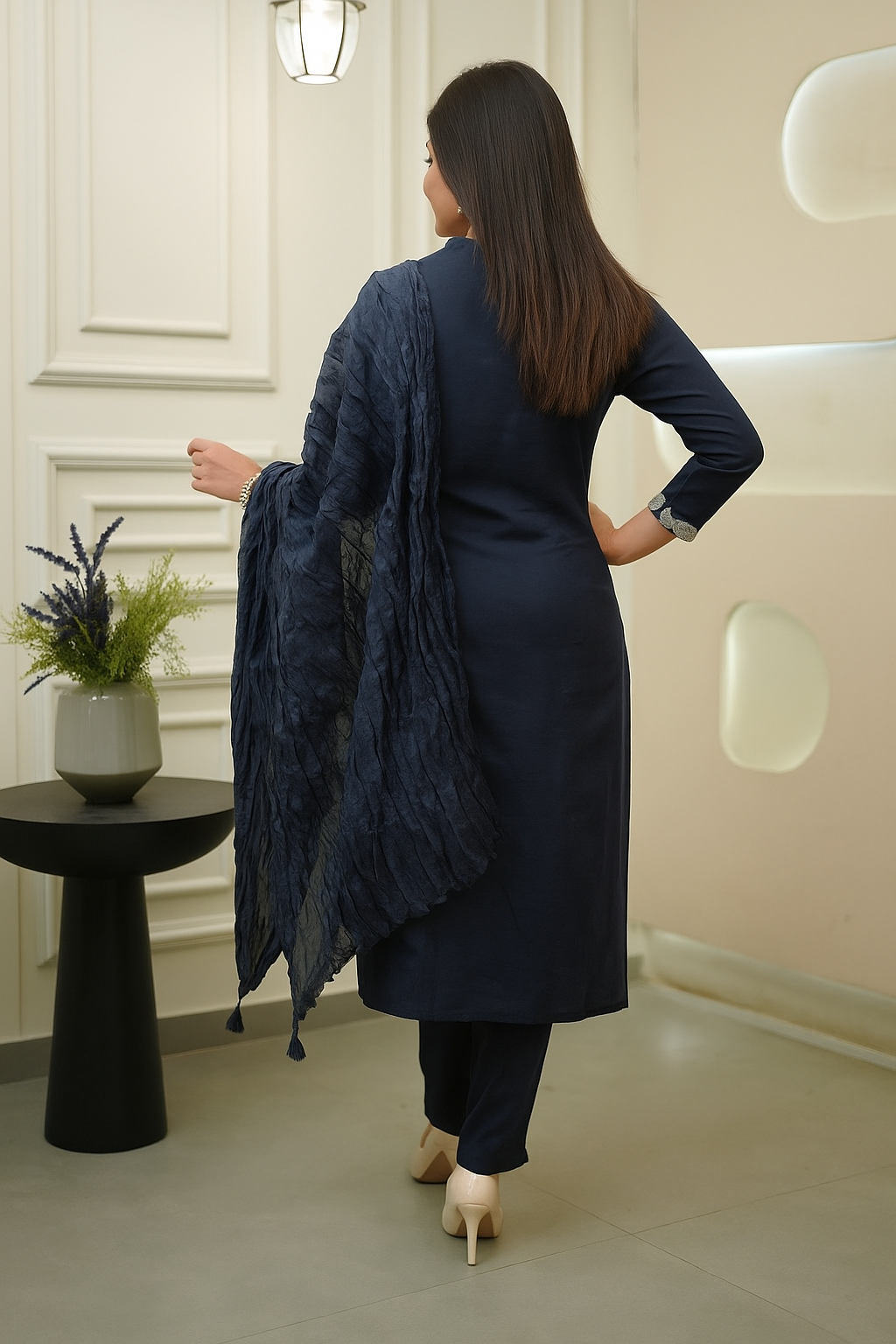 Elegant Navy Blue Rayon Slub Kurti Set with Dupatta | Embroidered Ethnic Wear for Women