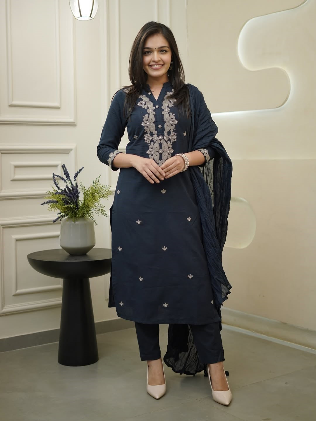 Elegant Navy Blue Rayon Slub Kurti Set with Dupatta | Embroidered Ethnic Wear for Women