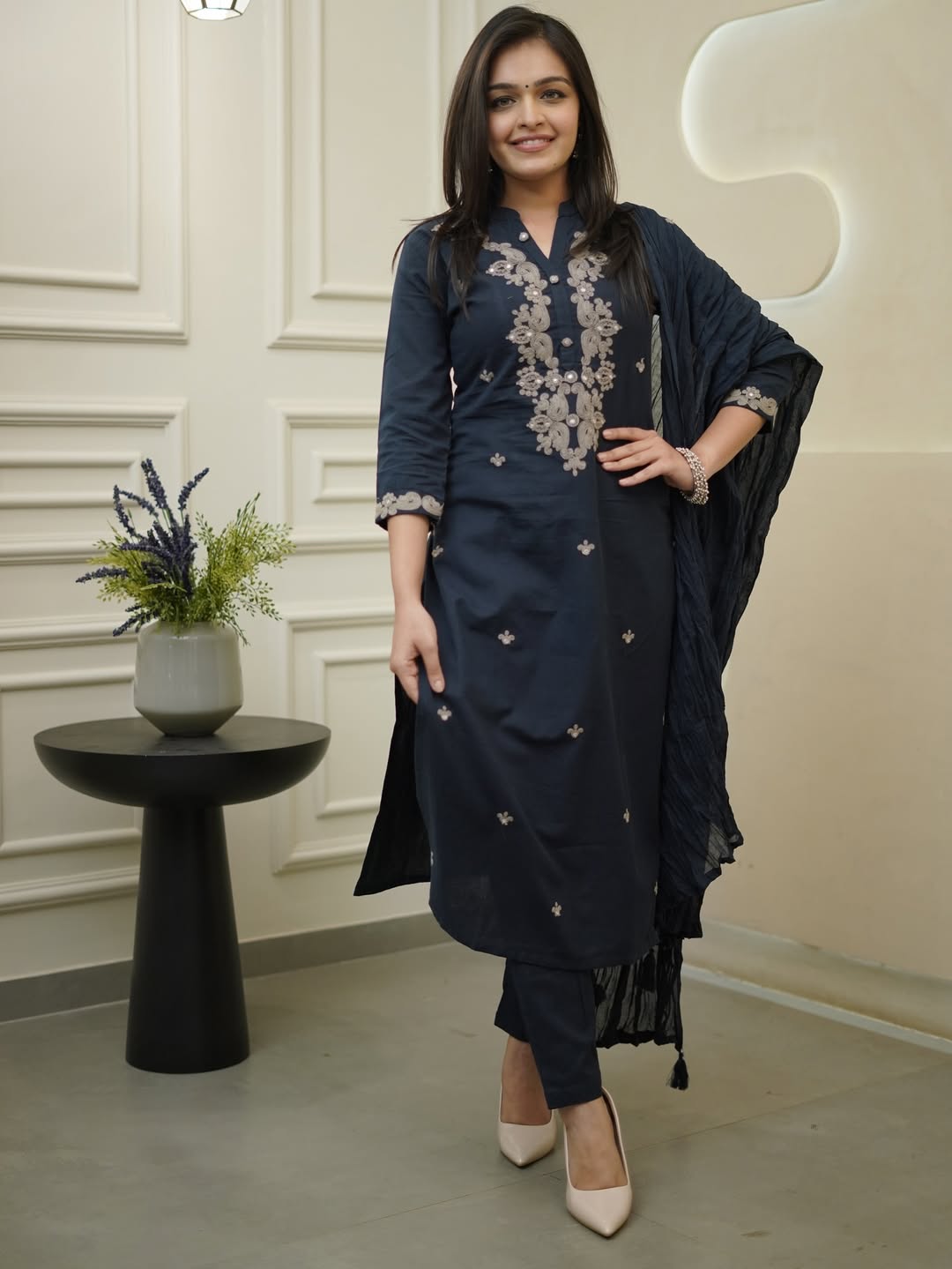Elegant Navy Blue Rayon Slub Kurti Set with Dupatta | Embroidered Ethnic Wear for Women