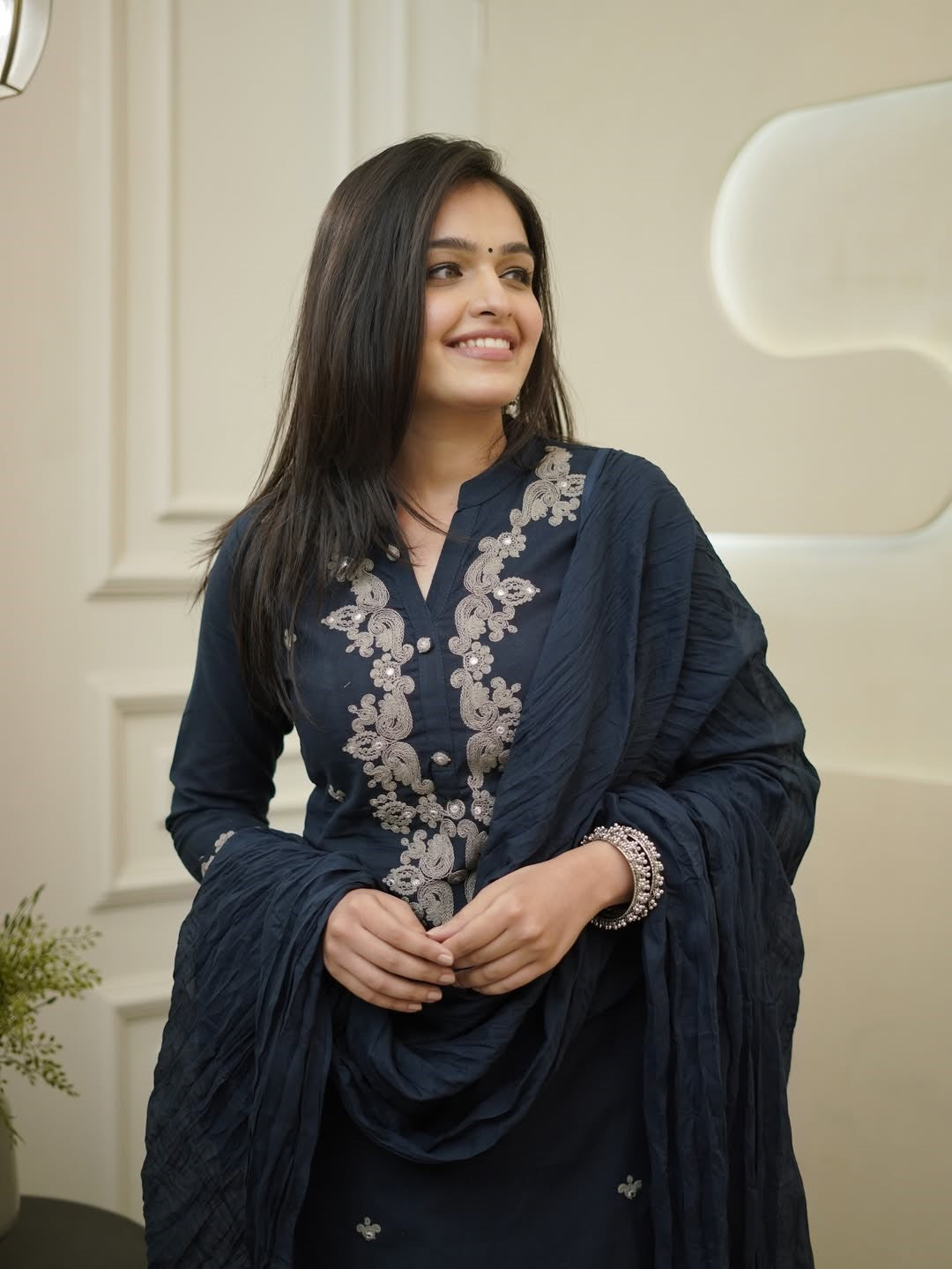 Elegant Navy Blue Rayon Slub Kurti Set with Dupatta | Embroidered Ethnic Wear for Women