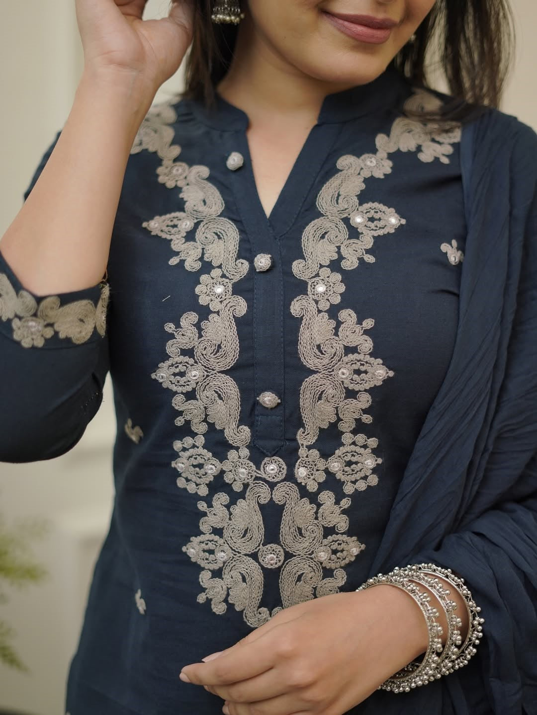 Elegant Navy Blue Rayon Slub Kurti Set with Dupatta | Embroidered Ethnic Wear for Women