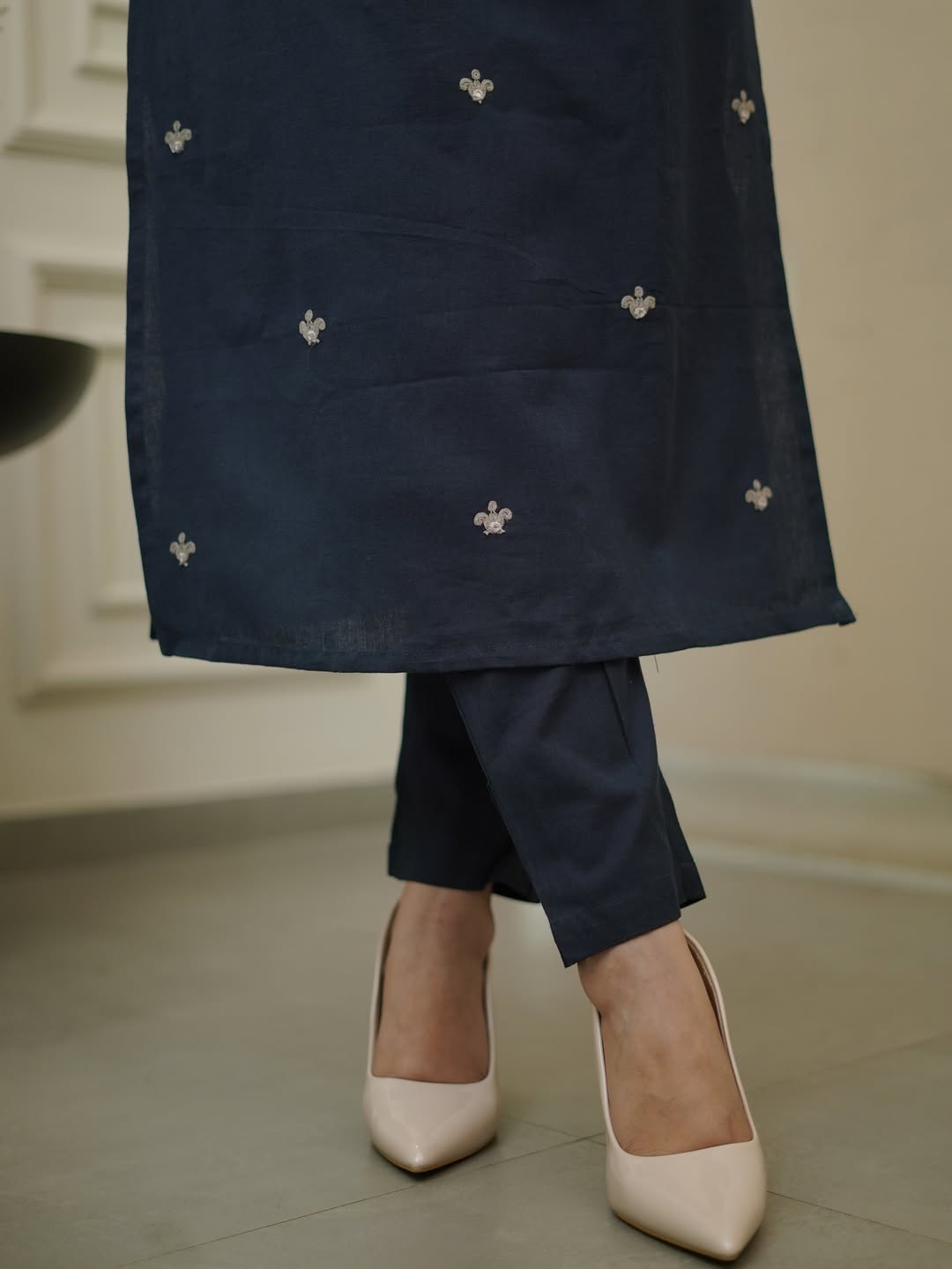 Elegant Navy Blue Rayon Slub Kurti Set with Dupatta | Embroidered Ethnic Wear for Women