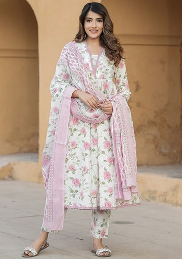 Elegant Pink Floral Cotton Slub Kurti Set with Chanderi Dupatta | Lace Work Ethnic Wear (S–XXL)