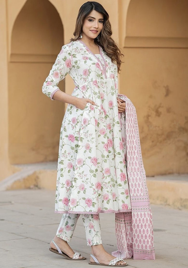 Elegant Pink Floral Cotton Slub Kurti Set with Chanderi Dupatta | Lace Work Ethnic Wear (S–XXL)