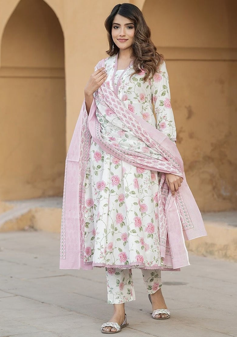 Elegant Pink Floral Cotton Slub Kurti Set with Chanderi Dupatta | Lace Work Ethnic Wear (S–XXL)
