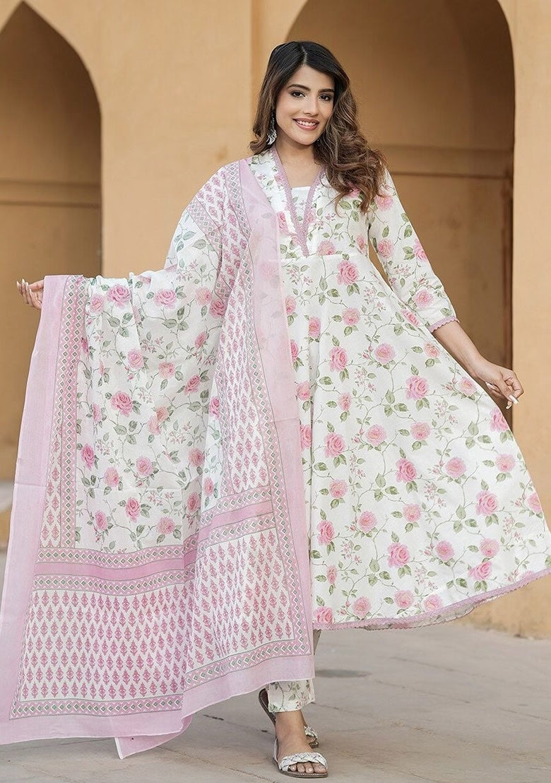 Elegant Pink Floral Cotton Slub Kurti Set with Chanderi Dupatta | Lace Work Ethnic Wear (S–XXL)