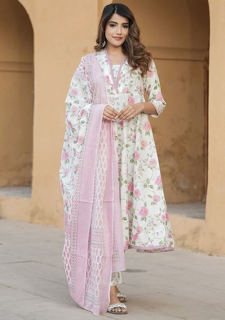 Elegant Pink Floral Cotton Slub Kurti Set with Chanderi Dupatta | Lace Work Ethnic Wear (S–XXL)