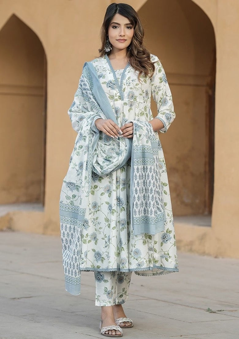 Elegant Floral Cotton Slub Kurti Set with Chanderi Dupatta – Soft Pastel Ethnic Wear (S–XXL)