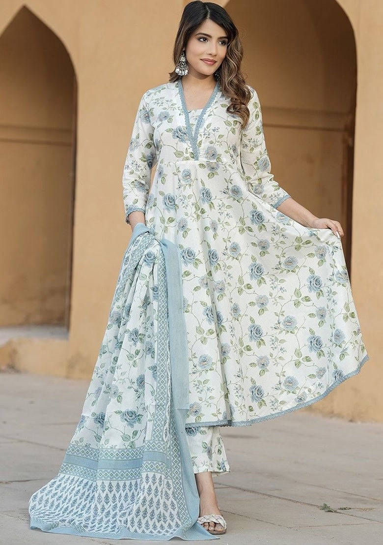 Elegant Floral Cotton Slub Kurti Set with Chanderi Dupatta – Soft Pastel Ethnic Wear (S–XXL)