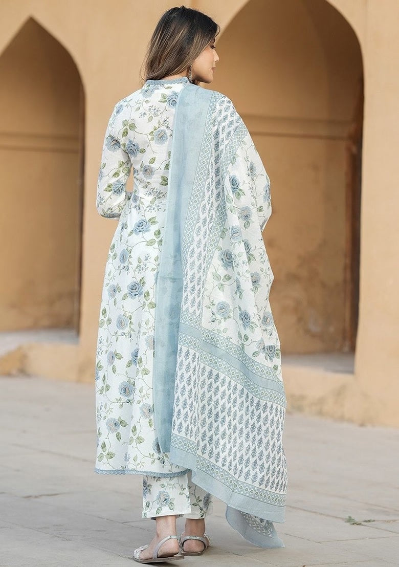 Elegant Floral Cotton Slub Kurti Set with Chanderi Dupatta – Soft Pastel Ethnic Wear (S–XXL)