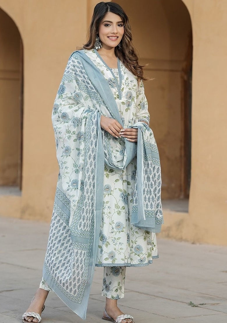 Elegant Floral Cotton Slub Kurti Set with Chanderi Dupatta – Soft Pastel Ethnic Wear (S–XXL)