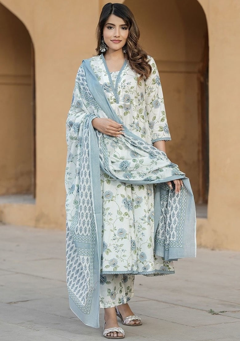 Elegant Floral Cotton Slub Kurti Set with Chanderi Dupatta – Soft Pastel Ethnic Wear (S–XXL)