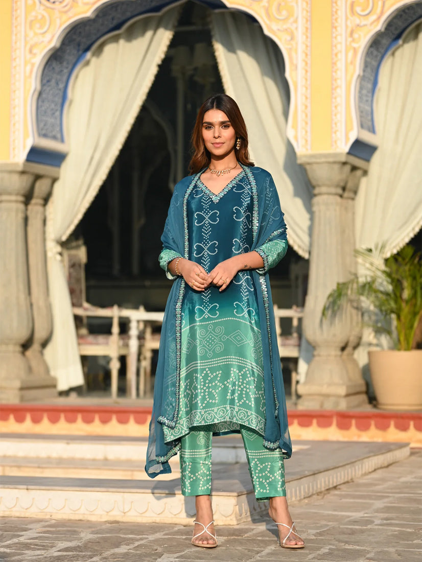 Elegant Chinon Silk Embroidered Kurti Set with Nazmin Dupatta – Teal Green Festive Wear (3-Piece Set)