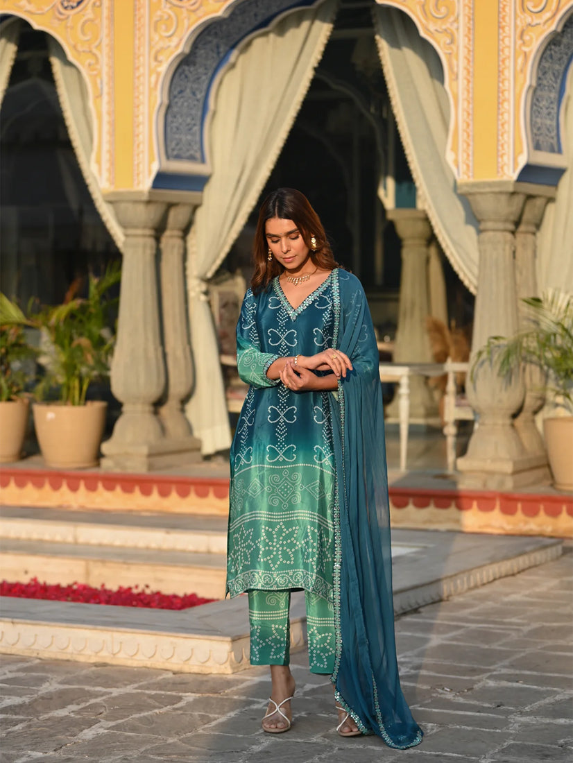 Elegant Chinon Silk Embroidered Kurti Set with Nazmin Dupatta – Teal Green Festive Wear (3-Piece Set)
