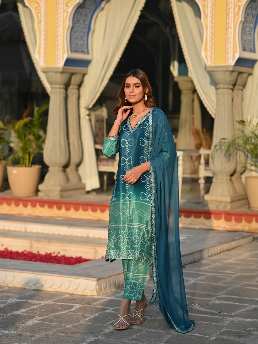 Elegant Chinon Silk Embroidered Kurti Set with Nazmin Dupatta – Teal Green Festive Wear (3-Piece Set)
