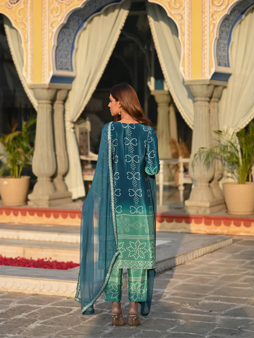 Elegant Chinon Silk Embroidered Kurti Set with Nazmin Dupatta – Teal Green Festive Wear (3-Piece Set)
