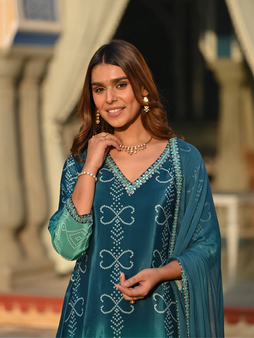 Elegant Chinon Silk Embroidered Kurti Set with Nazmin Dupatta – Teal Green Festive Wear (3-Piece Set)