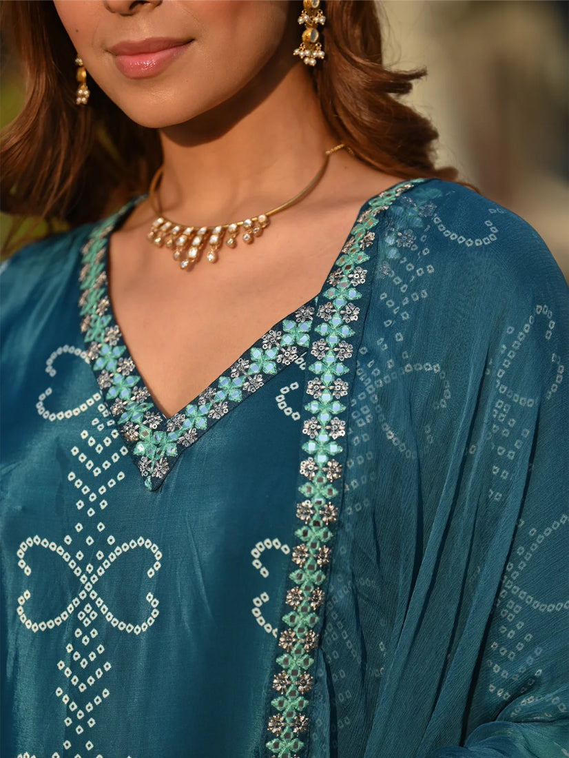 Elegant Chinon Silk Embroidered Kurti Set with Nazmin Dupatta – Teal Green Festive Wear (3-Piece Set)