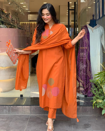 Elegant Orange Rayon Slub Embroidered Kurti Set with Chanderi Cotton Dupatta (3-Piece Set)