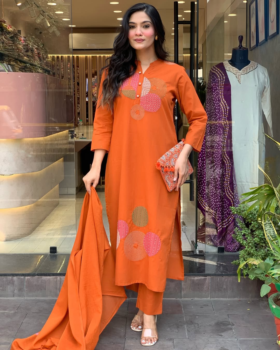 Elegant Orange Rayon Slub Embroidered Kurti Set with Chanderi Cotton Dupatta (3-Piece Set)