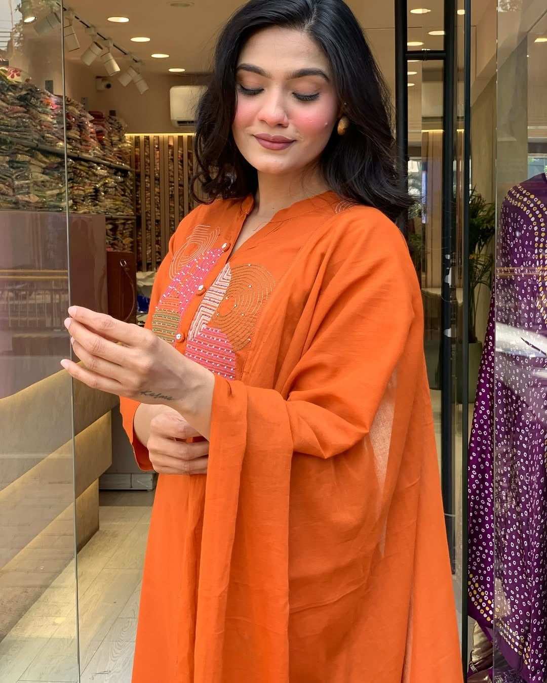 Elegant Orange Rayon Slub Embroidered Kurti Set with Chanderi Cotton Dupatta (3-Piece Set)