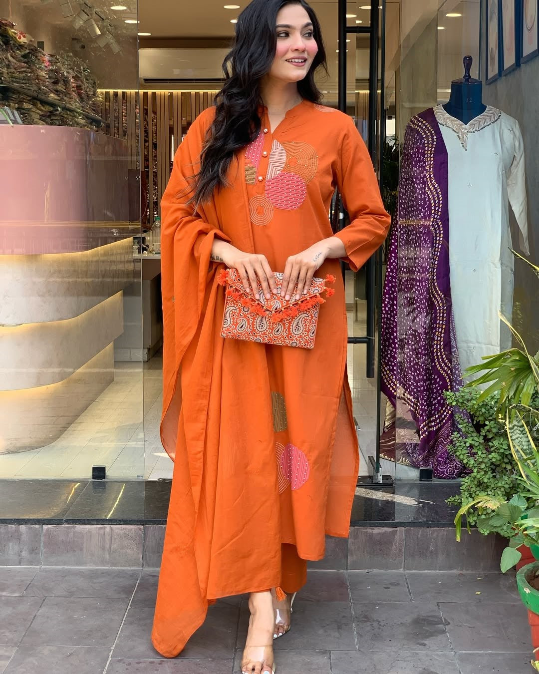 Elegant Orange Rayon Slub Embroidered Kurti Set with Chanderi Cotton Dupatta (3-Piece Set)