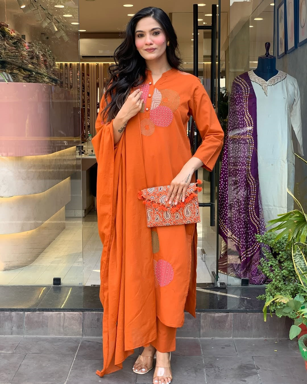 Elegant Orange Rayon Slub Embroidered Kurti Set with Chanderi Cotton Dupatta (3-Piece Set)