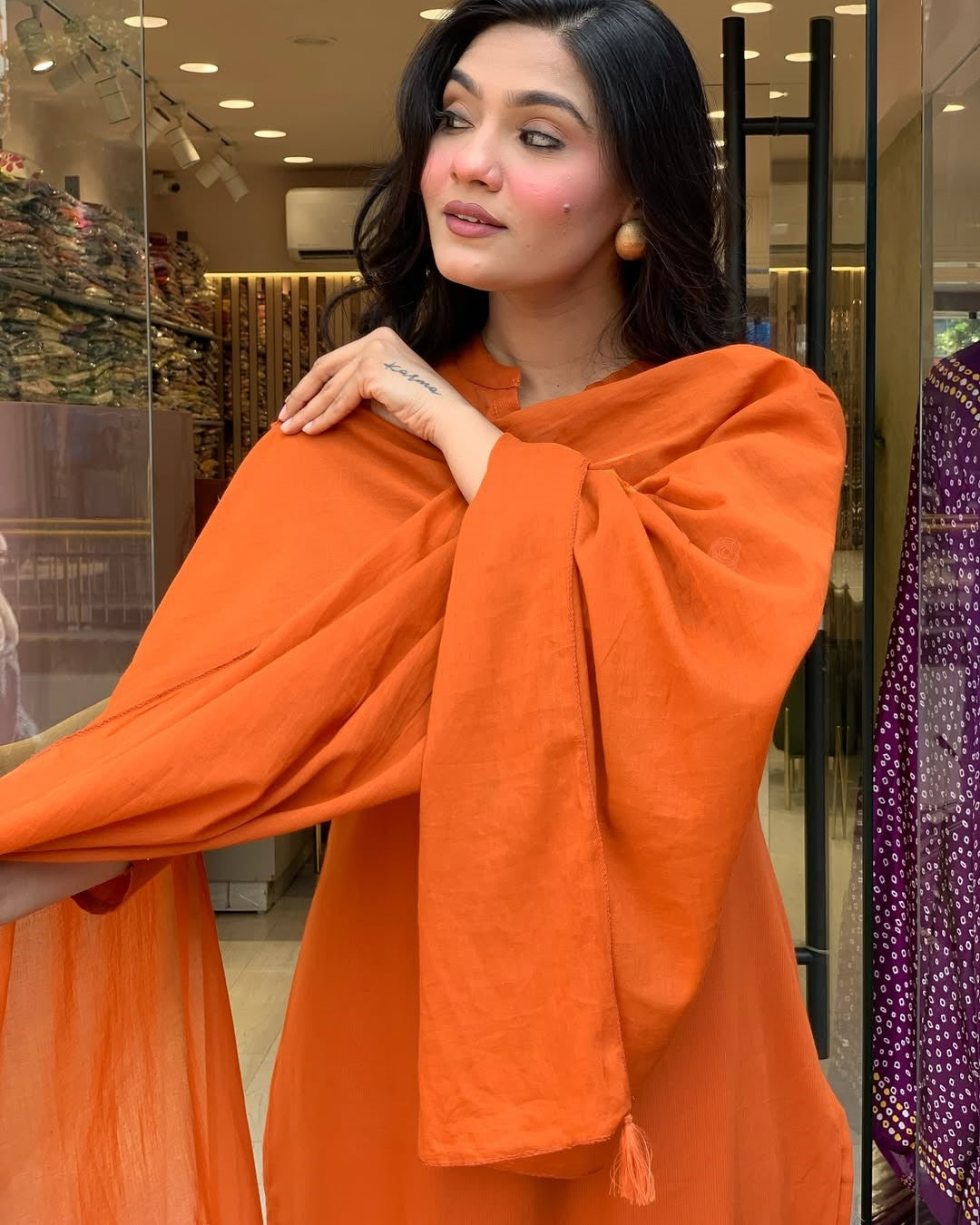 Elegant Orange Rayon Slub Embroidered Kurti Set with Chanderi Cotton Dupatta (3-Piece Set)