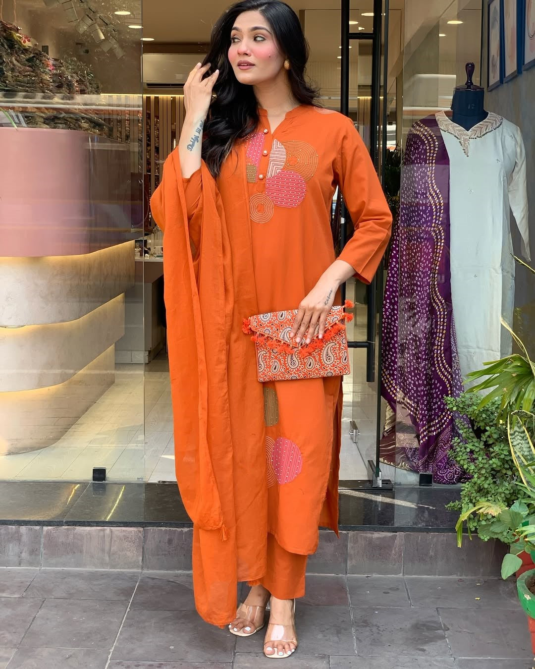 Elegant Orange Rayon Slub Embroidered Kurti Set with Chanderi Cotton Dupatta (3-Piece Set)