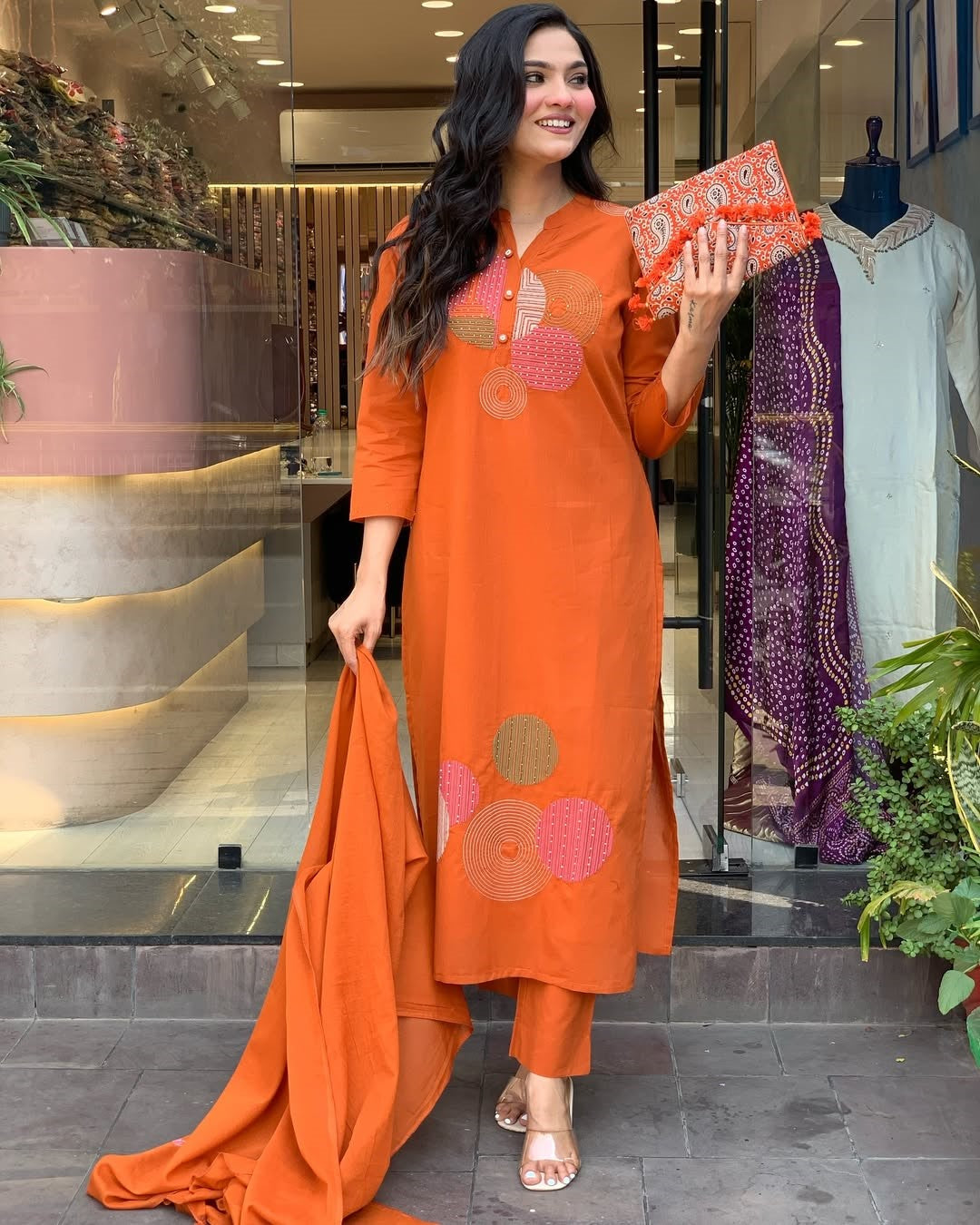 Elegant Orange Rayon Slub Embroidered Kurti Set with Chanderi Cotton Dupatta (3-Piece Set)