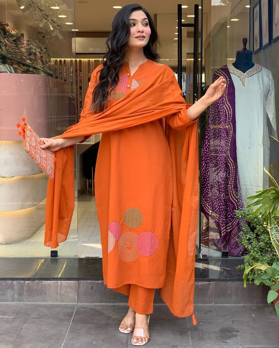 Elegant Orange Rayon Slub Embroidered Kurti Set with Chanderi Cotton Dupatta (3-Piece Set)