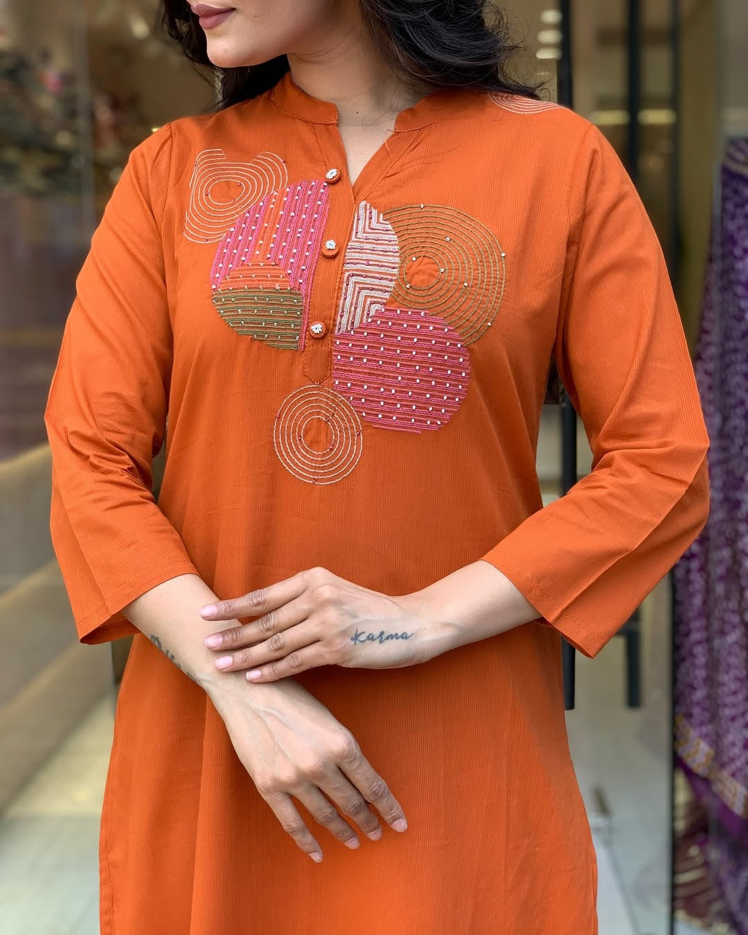 Elegant Orange Rayon Slub Embroidered Kurti Set with Chanderi Cotton Dupatta (3-Piece Set)