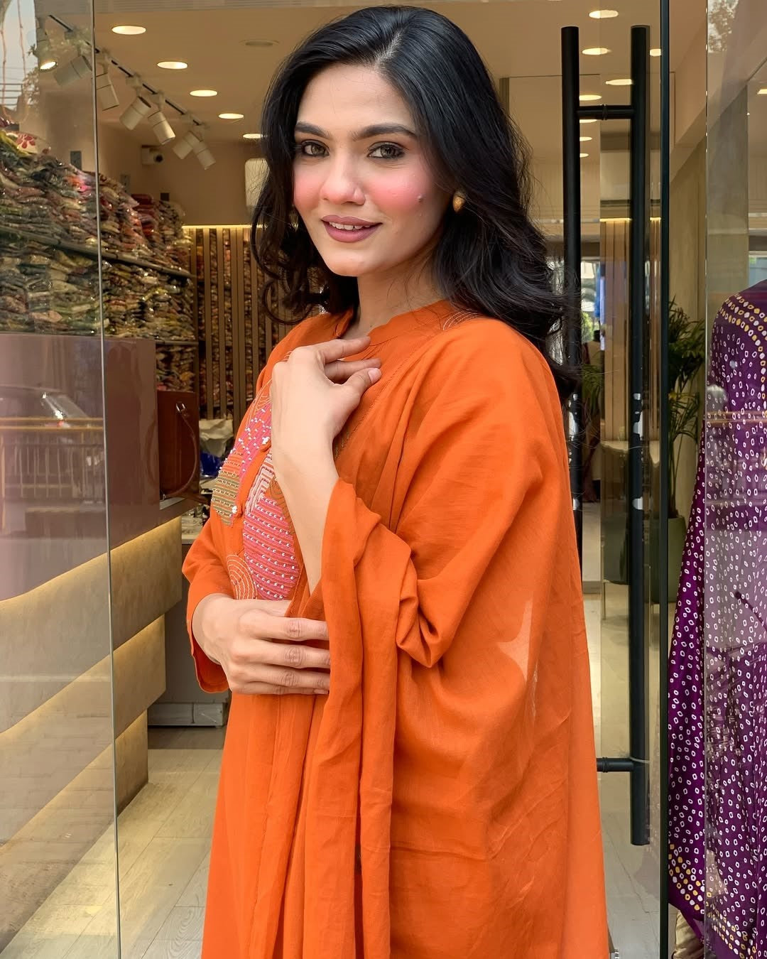Elegant Orange Rayon Slub Embroidered Kurti Set with Chanderi Cotton Dupatta (3-Piece Set)