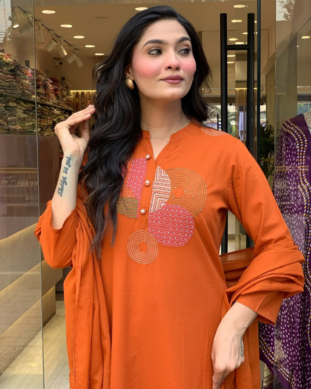 Elegant Orange Rayon Slub Embroidered Kurti Set with Chanderi Cotton Dupatta (3-Piece Set)