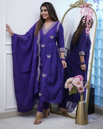 Elegant Purple PV Chanderi Embroidered Kurti Set with Dupatta | Festive Wear for Women (S–XXL)