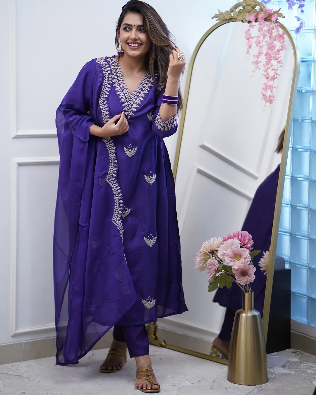 Elegant Purple PV Chanderi Embroidered Kurti Set with Dupatta | Festive Wear for Women (S–XXL)