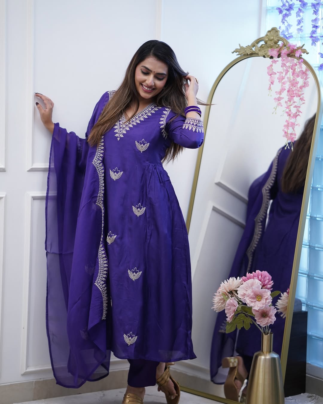 Elegant Purple PV Chanderi Embroidered Kurti Set with Dupatta | Festive Wear for Women (S–XXL)