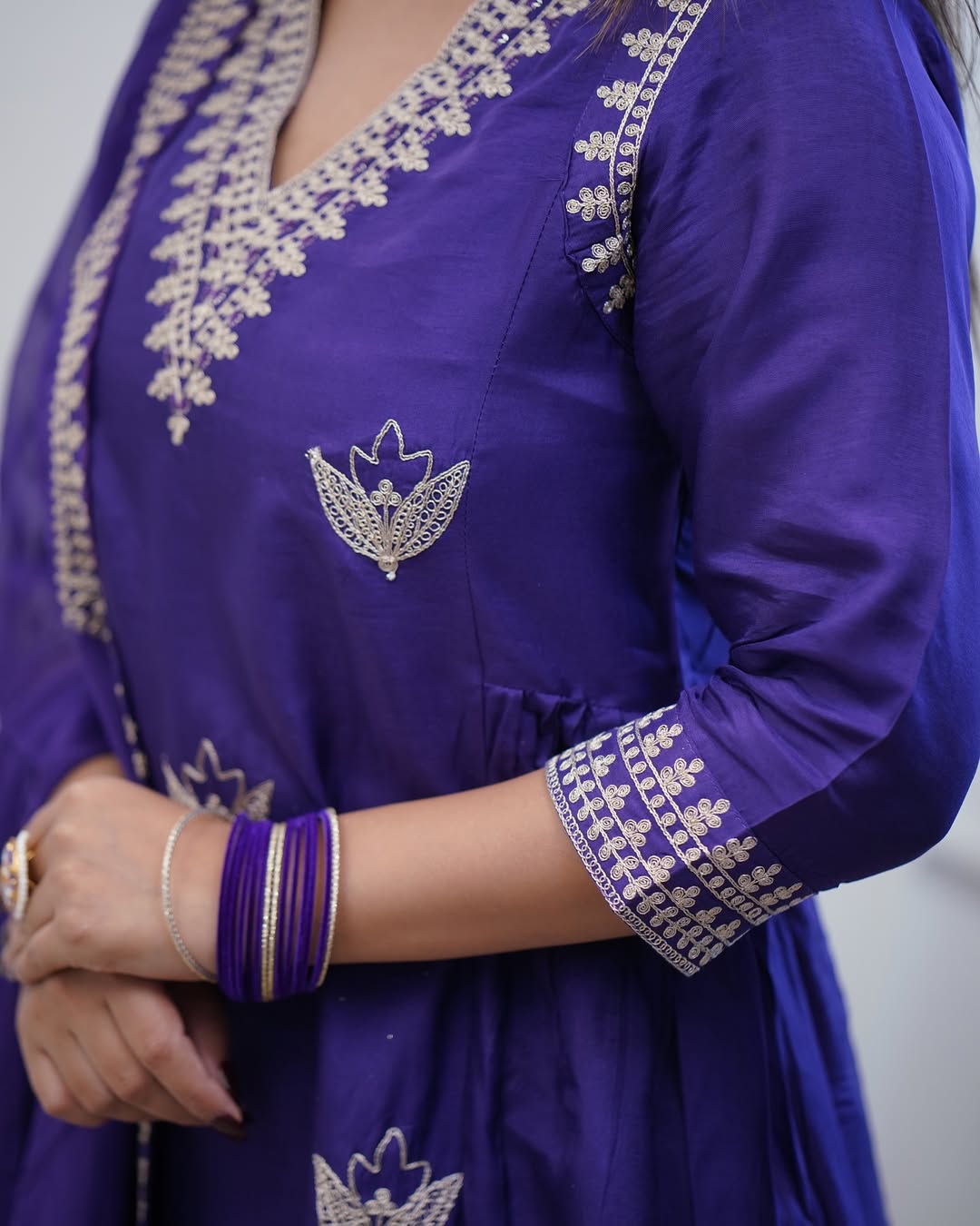 Elegant Purple PV Chanderi Embroidered Kurti Set with Dupatta | Festive Wear for Women (S–XXL)