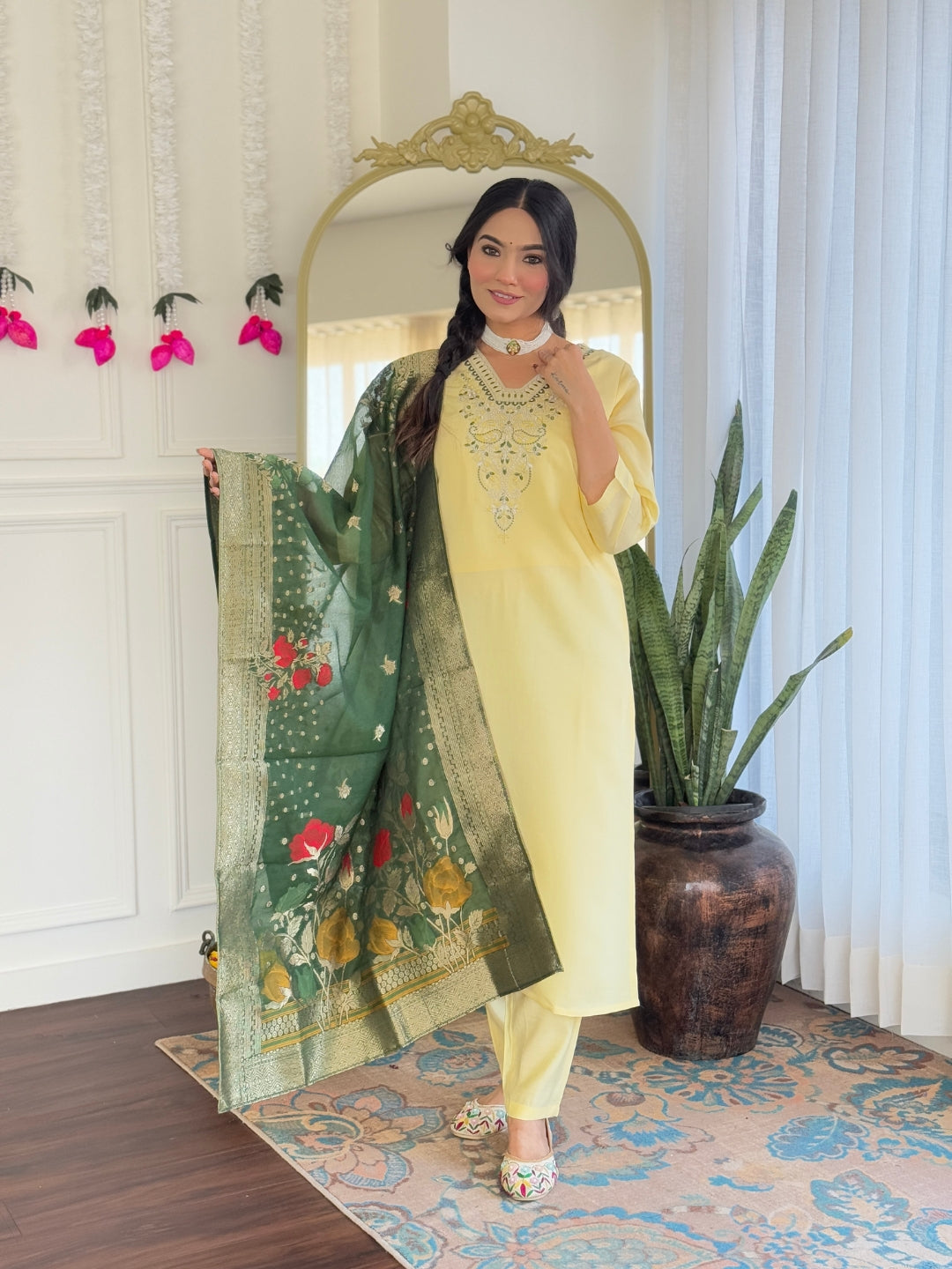 Elegant Lemon Yellow Viscose Chanderi Embroidered Kurti Set with Jacquard Dupatta | Festive & Ethnic Wear (S–XXL)